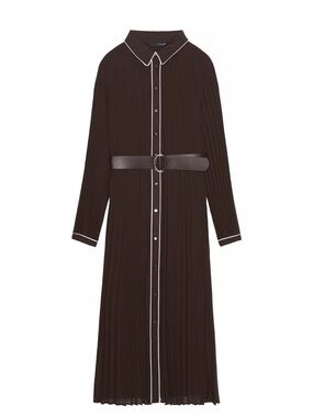 Zara Brown Long-Sleeve Pleated Button-Front Dress with Contrast Piping